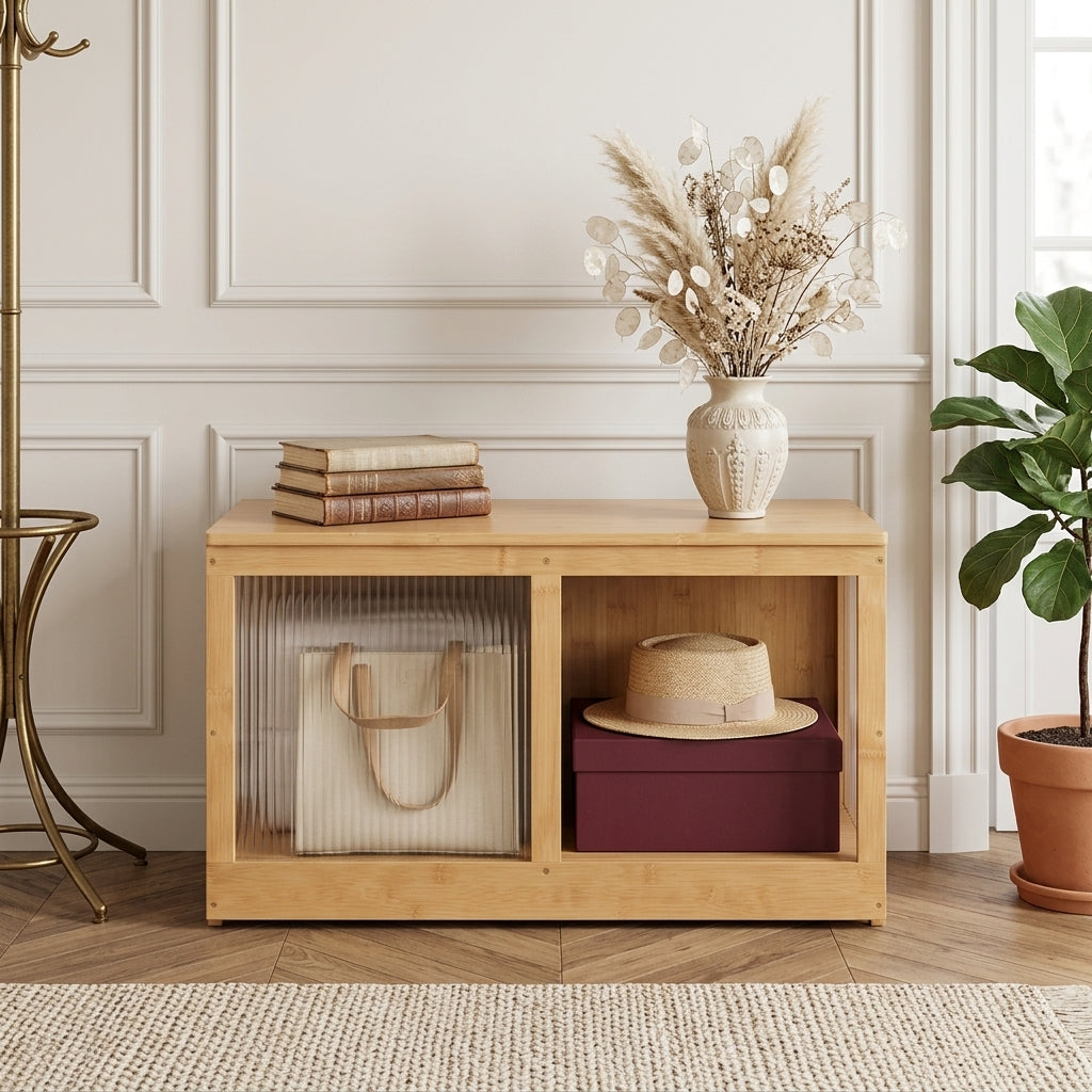 Meuble à Chaussures Bois Clair Banc et Porte Vitrée, vue 1 sur 5