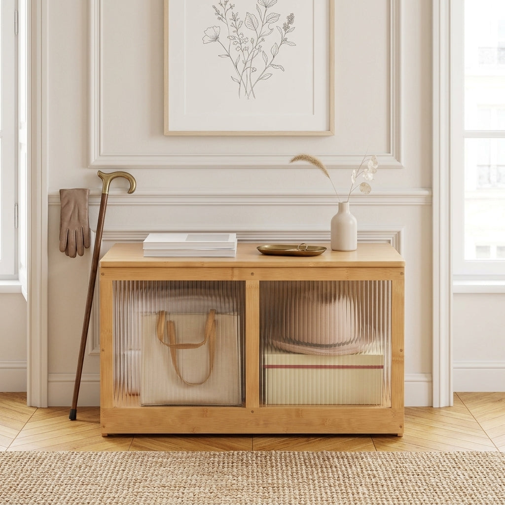 Meuble à Chaussures Bois Clair Banc et Porte Vitrée, vue 2 sur 5