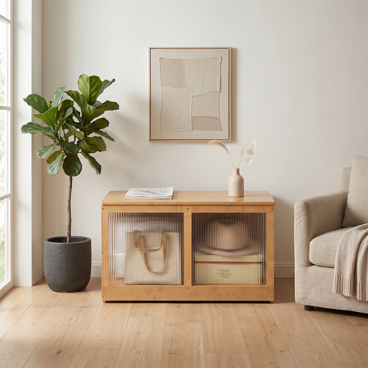 Meuble à Chaussures Bois Clair Banc et Porte Vitrée, vue 3 sur 5
