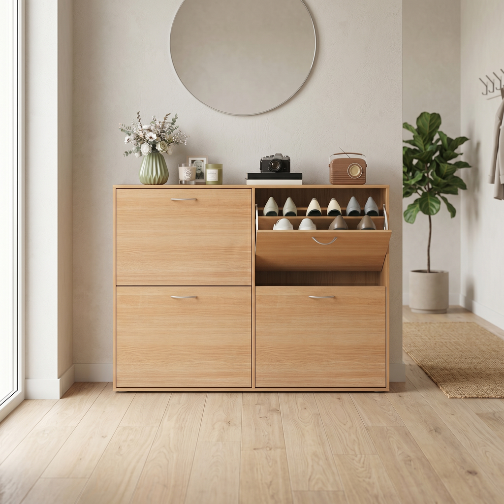 Meuble à Chaussures Bois Clair Modules Jumelés à Abattants, vue 2 sur 4