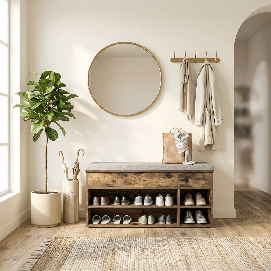 Meuble à Chaussures Bois Foncé Banc Coussin, vue 1 sur 4