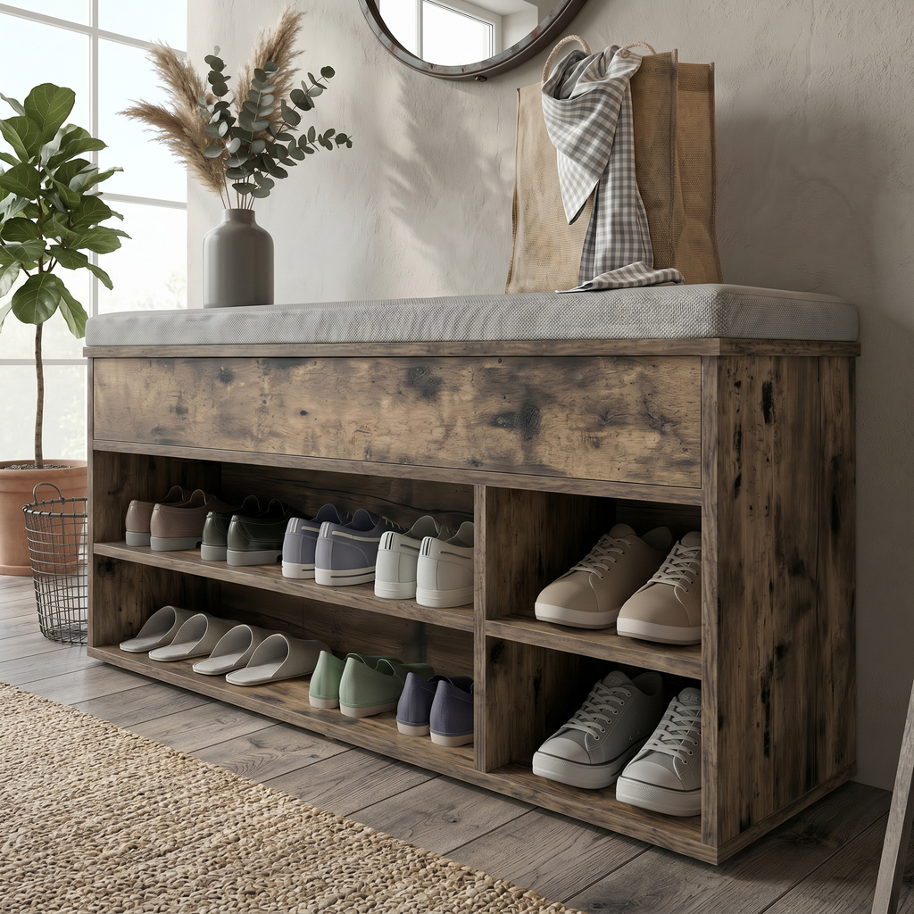 Meuble à Chaussures Bois Foncé Banc Coussin, vue 3 sur 4