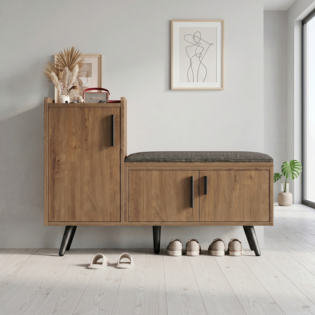 Meuble à Chaussures Marron Banc et Casiers, vue 1 sur 4