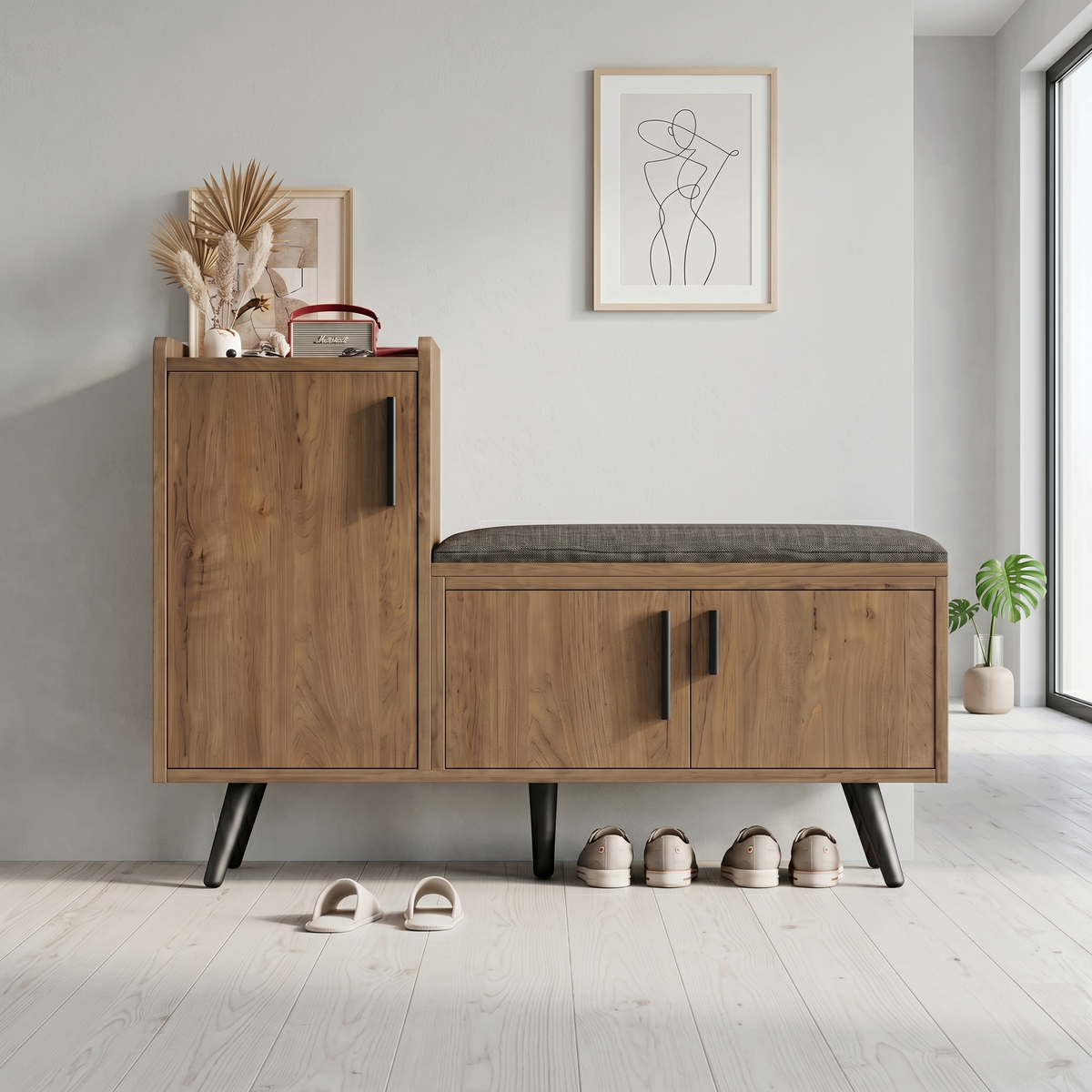 Meuble à Chaussures Marron Banc et Casiers, vue 1 sur 4