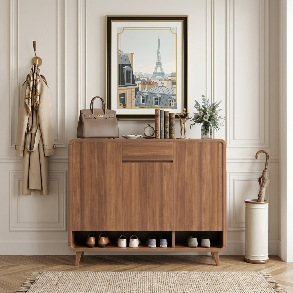 Meuble à Chaussures Marron Bois Massif Tiroir et Niche, vue 1 sur 4