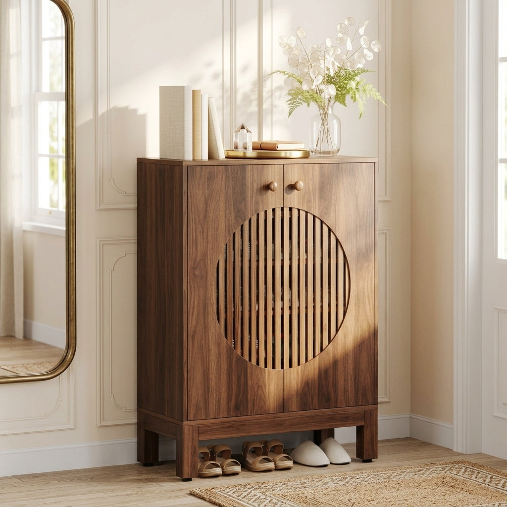 Meuble à Chaussures Marron Portes Persiennes, vue 1 sur 5