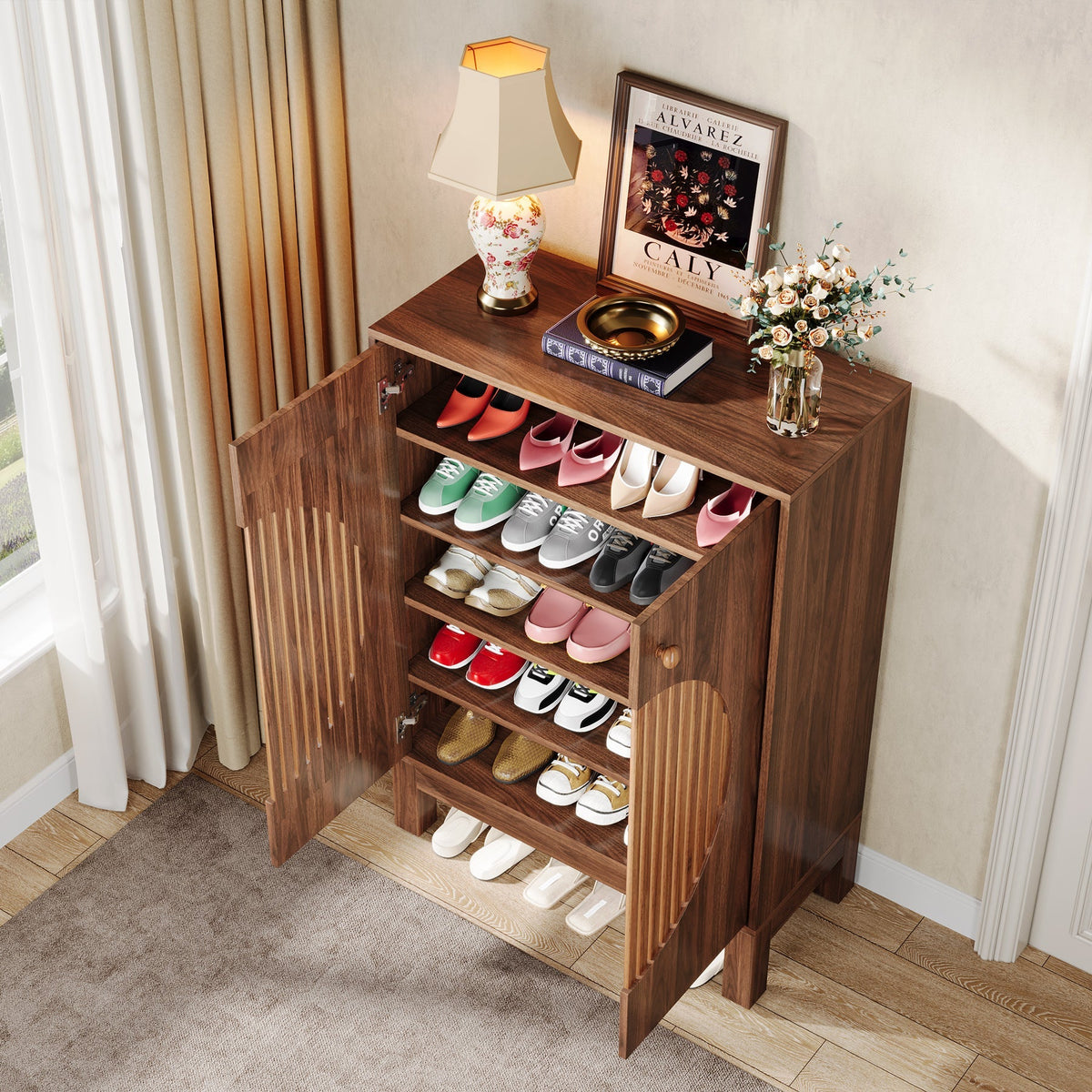 Meuble à Chaussures Marron Portes Persiennes, vue 4 sur 5