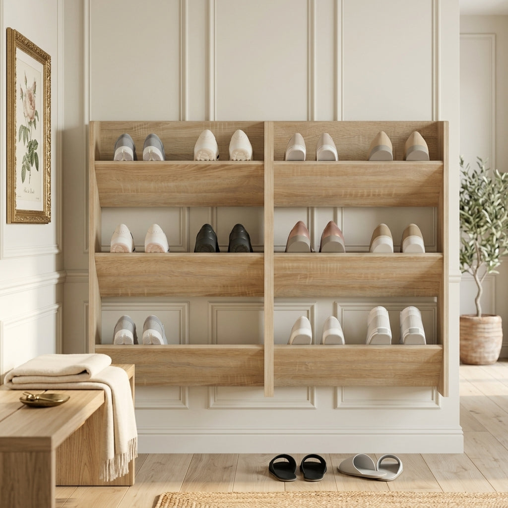 Meuble à Chaussures Mural Beige Bois Bacs Inclinés Ouverts, vue 1 sur 4