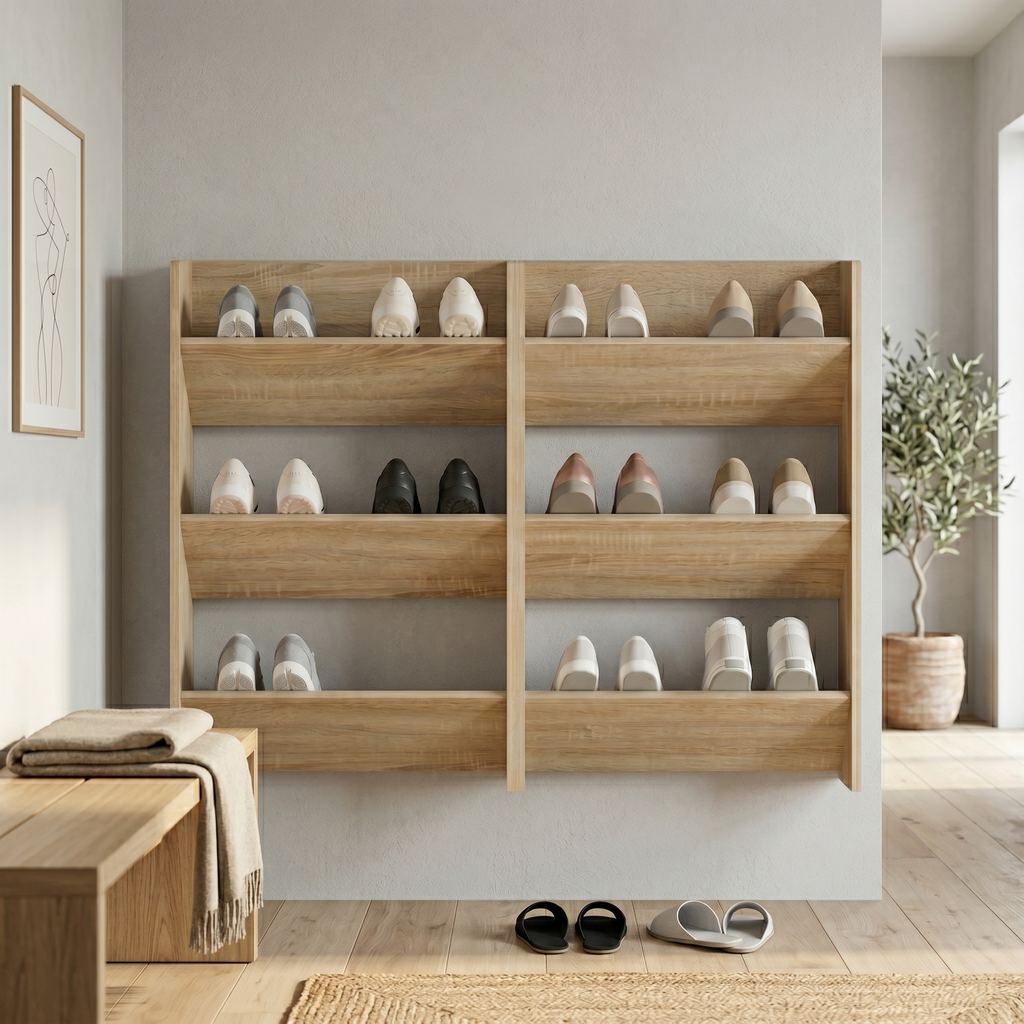 Meuble à Chaussures Mural Beige Bois Bacs Inclinés Ouverts, vue 2 sur 4