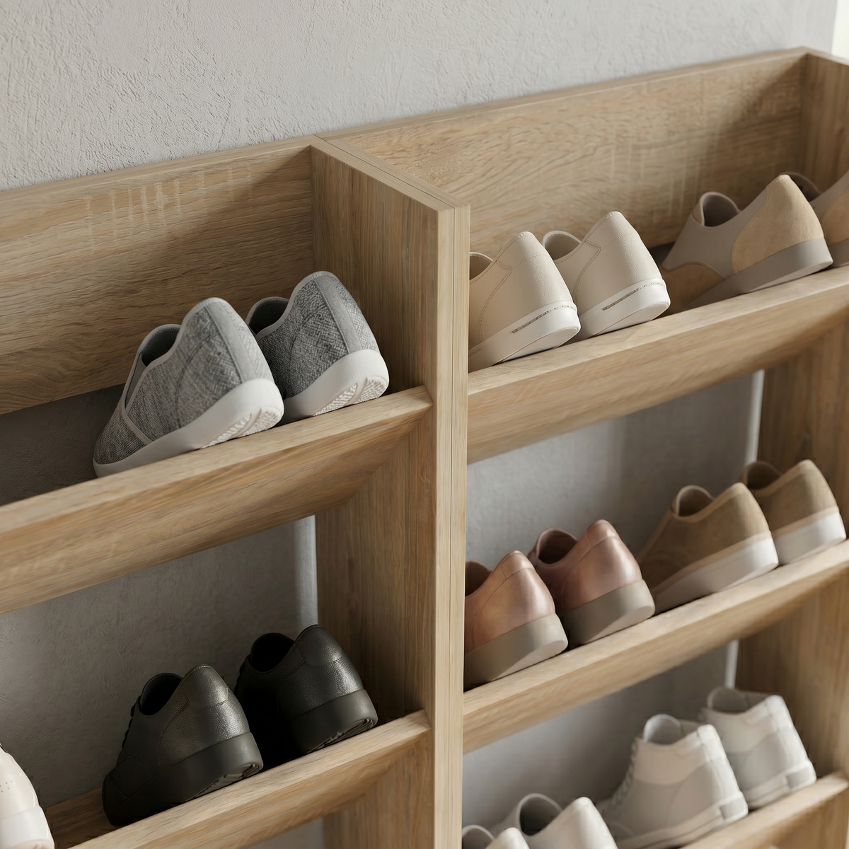 Meuble à Chaussures Mural Beige Bois Bacs Inclinés Ouverts, vue 3 sur 4