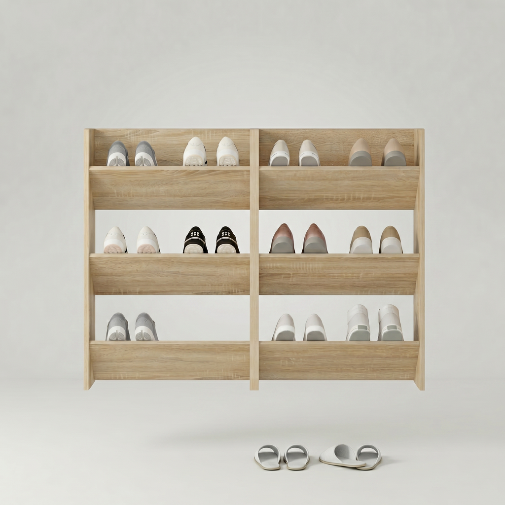 Meuble à Chaussures Mural Beige Bois Bacs Inclinés Ouverts, vue 4 sur 4