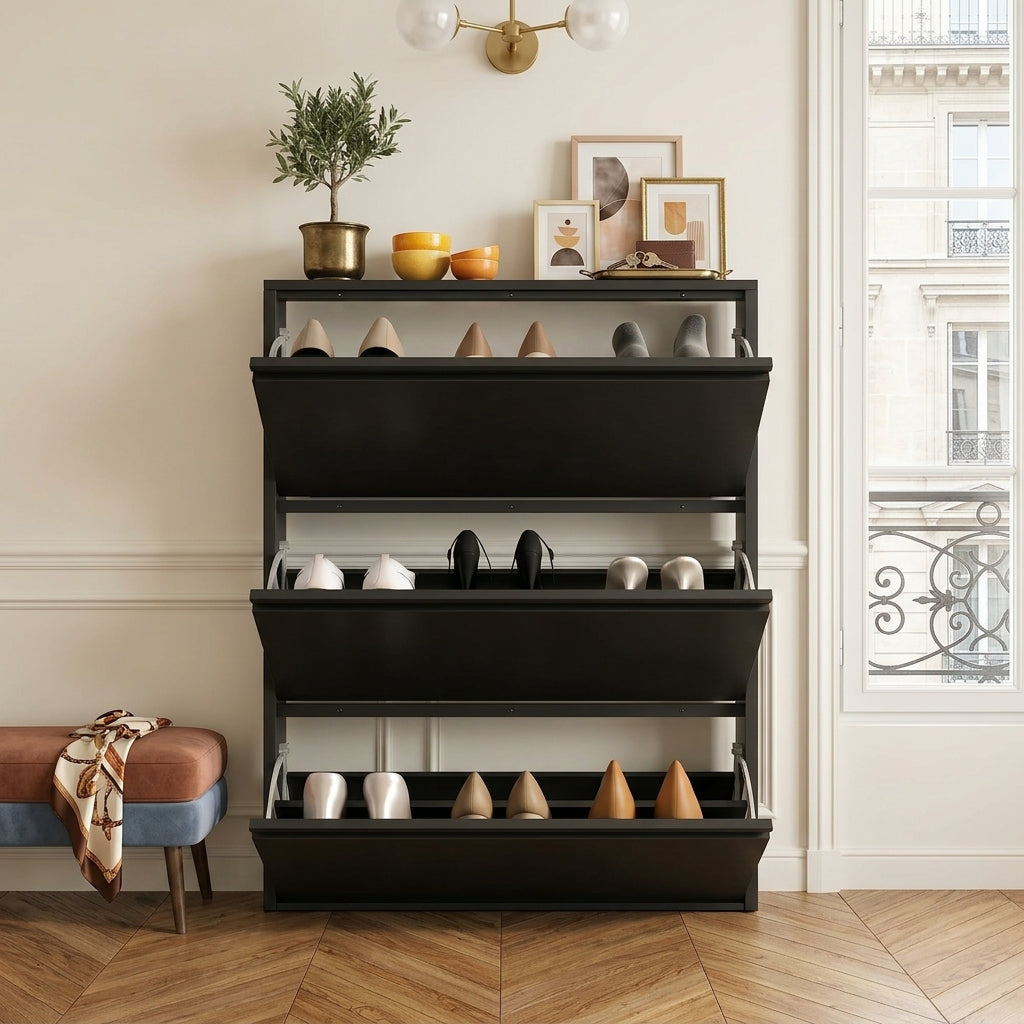 Meuble à Chaussures Noir Abattants Métal, vue 1 sur 4