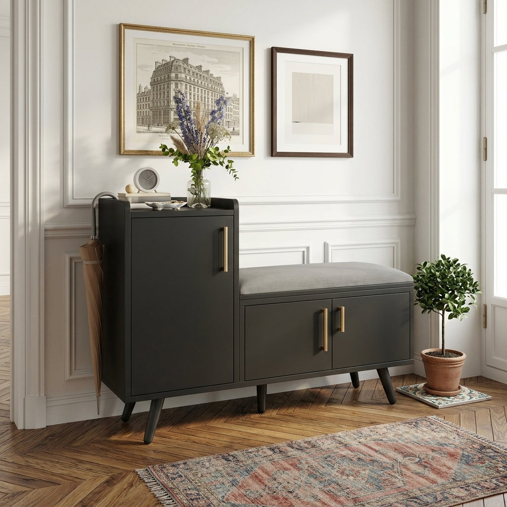 Meuble à Chaussures Noir Banc Coussin Poignées Laiton, vue 1 sur 4