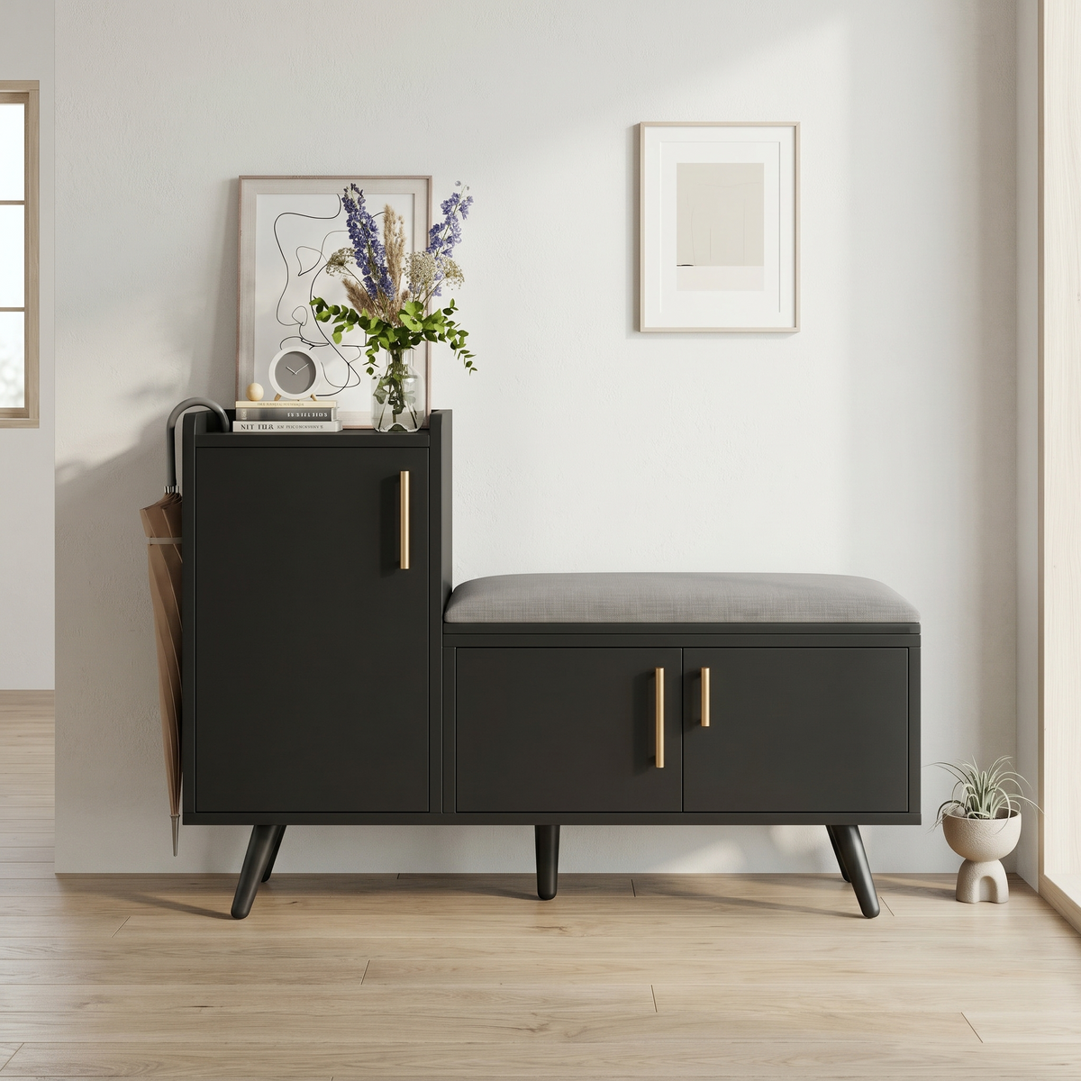 Meuble à Chaussures Noir Banc Coussin Poignées Laiton, vue 2 sur 4