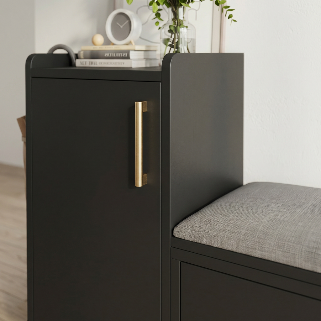 Meuble à Chaussures Noir Banc Coussin Poignées Laiton, vue 3 sur 4