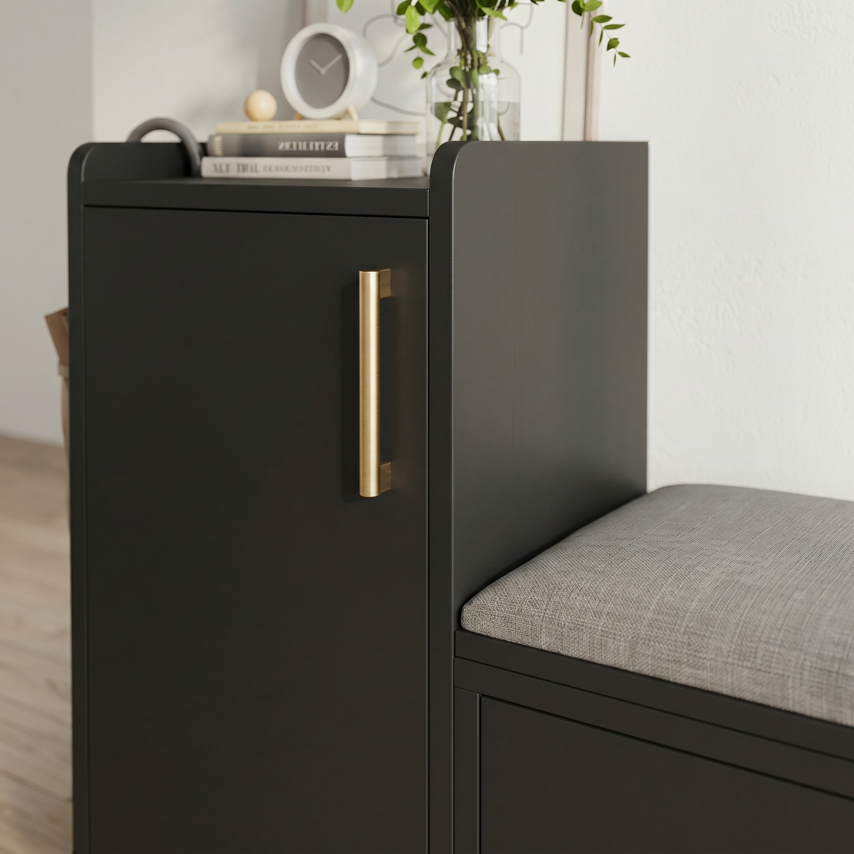 Meuble à Chaussures Noir Banc Coussin Poignées Laiton, vue 3 sur 4
