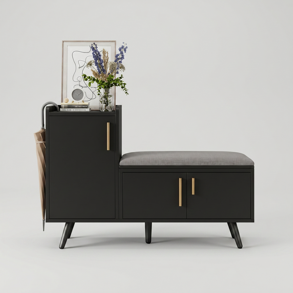 Meuble à Chaussures Noir Banc Coussin Poignées Laiton, vue 4 sur 4