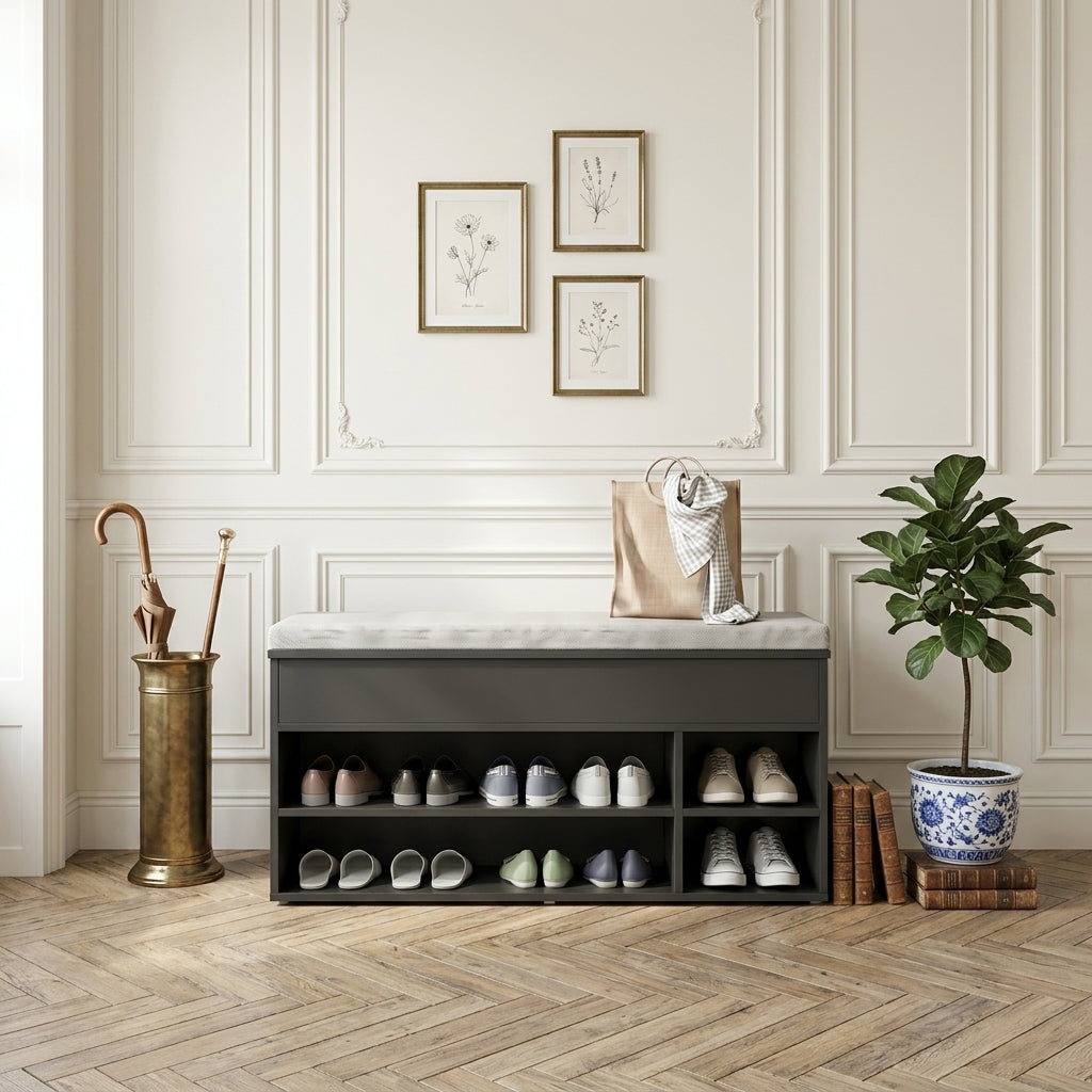 Meuble à Chaussures Noir Banc Niches Ouvertes, vue 1 sur 4
