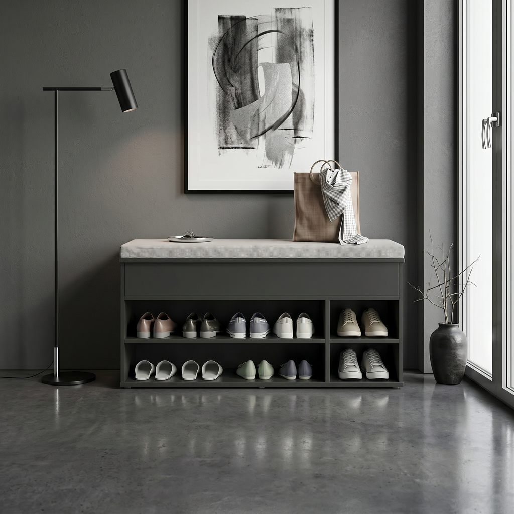 Meuble à Chaussures Noir Banc Niches Ouvertes, vue 2 sur 4