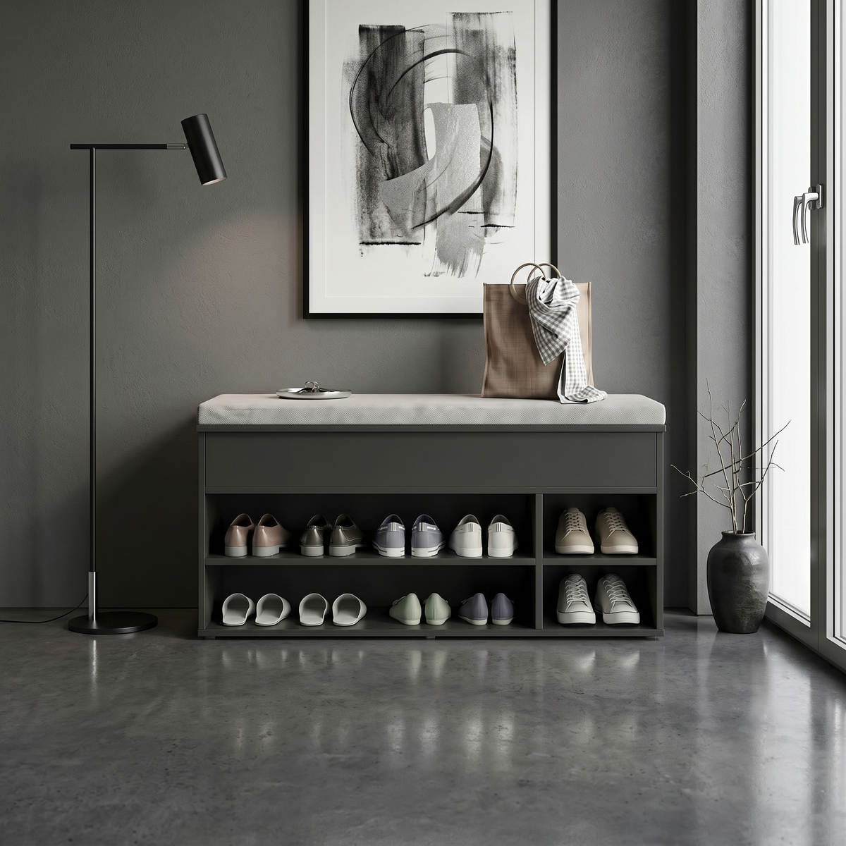 Meuble à Chaussures Noir Banc Niches Ouvertes, vue 2 sur 4