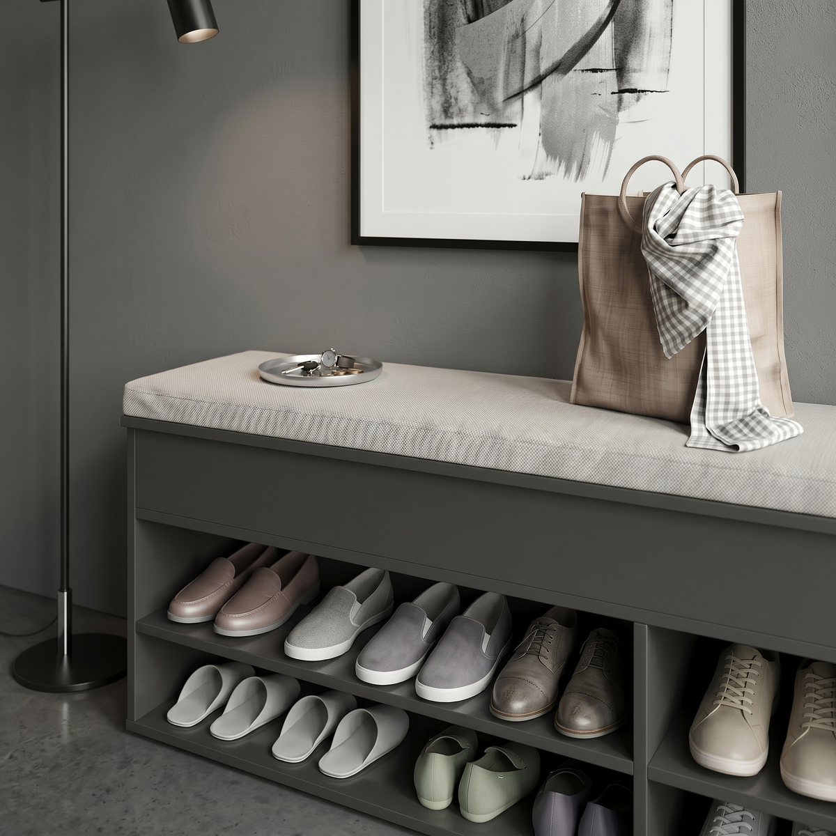 Meuble à Chaussures Noir Banc Niches Ouvertes, vue 3 sur 4