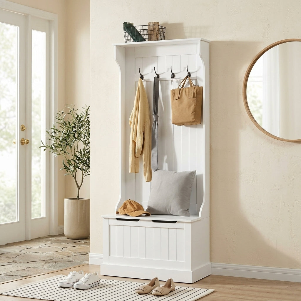 Meuble d'Entrée Blanc Banc Coffre et Porte-Manteau, vue 1 sur 4