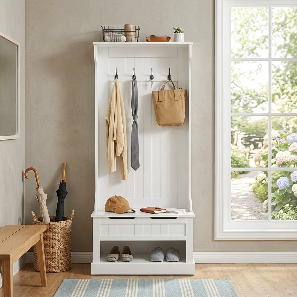Meuble d'Entrée Blanc Banc Coffre et Porte-Manteau, vue 2 sur 4