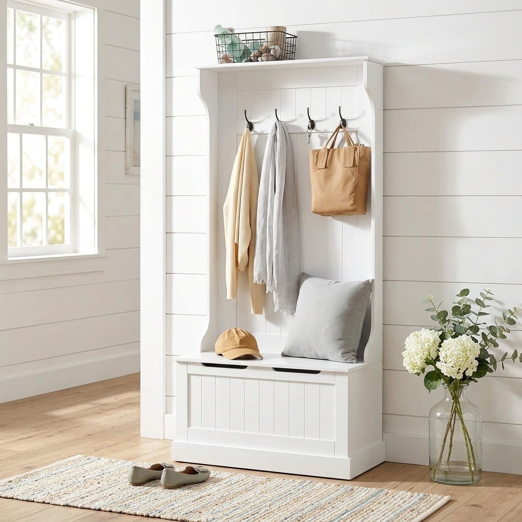 Meuble d'Entrée Blanc Banc Coffre et Porte-Manteau, vue 3 sur 4
