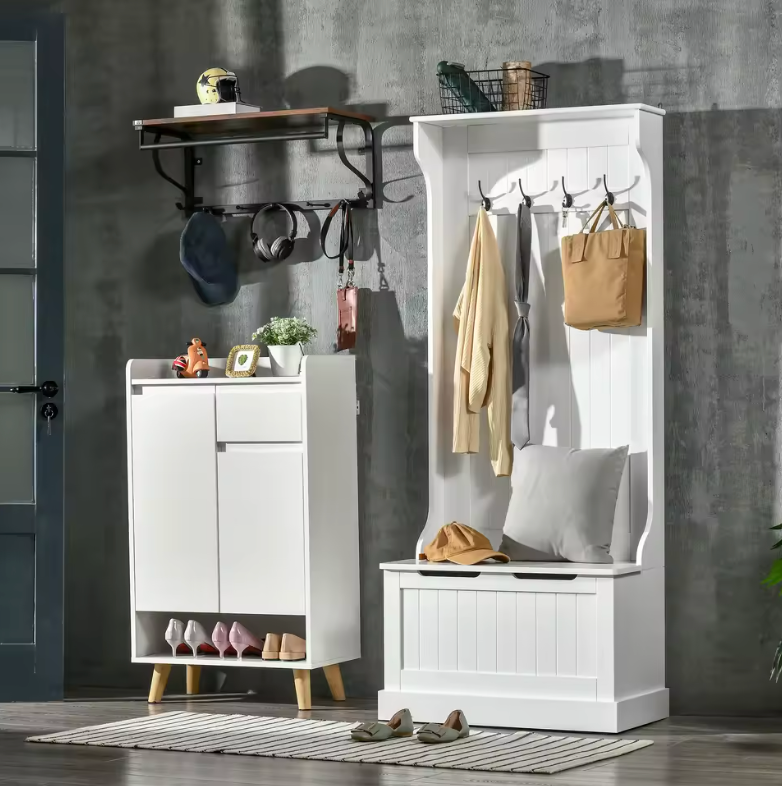 Meuble d'Entrée Blanc Banc Coffre et Porte-Manteau, vue 4 sur 4