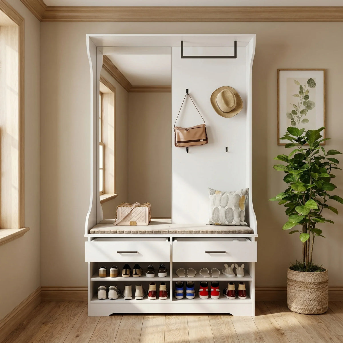 Meuble d'Entrée Blanc Bois Penderie Banc et Miroir, vue 1 sur 5
