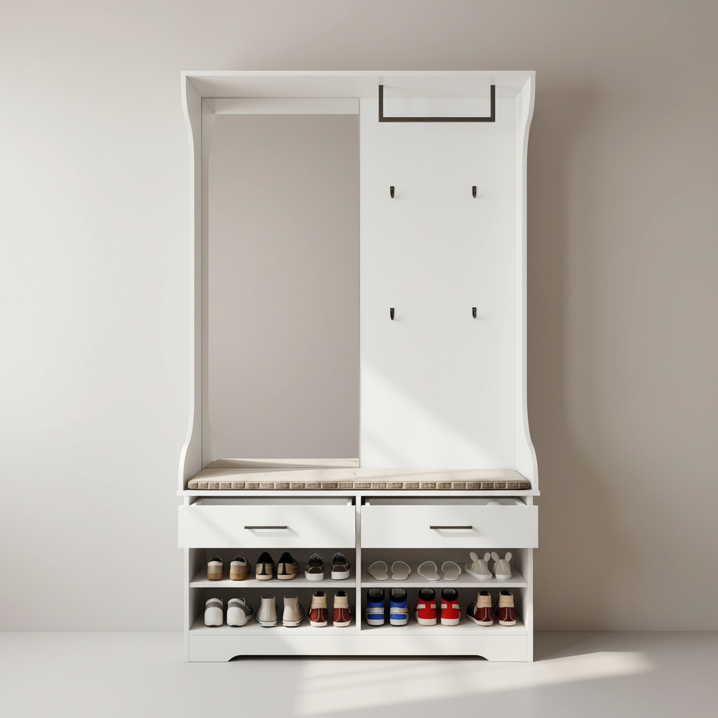 Meuble d'Entrée Blanc Bois Penderie Banc et Miroir, vue 3 sur 5