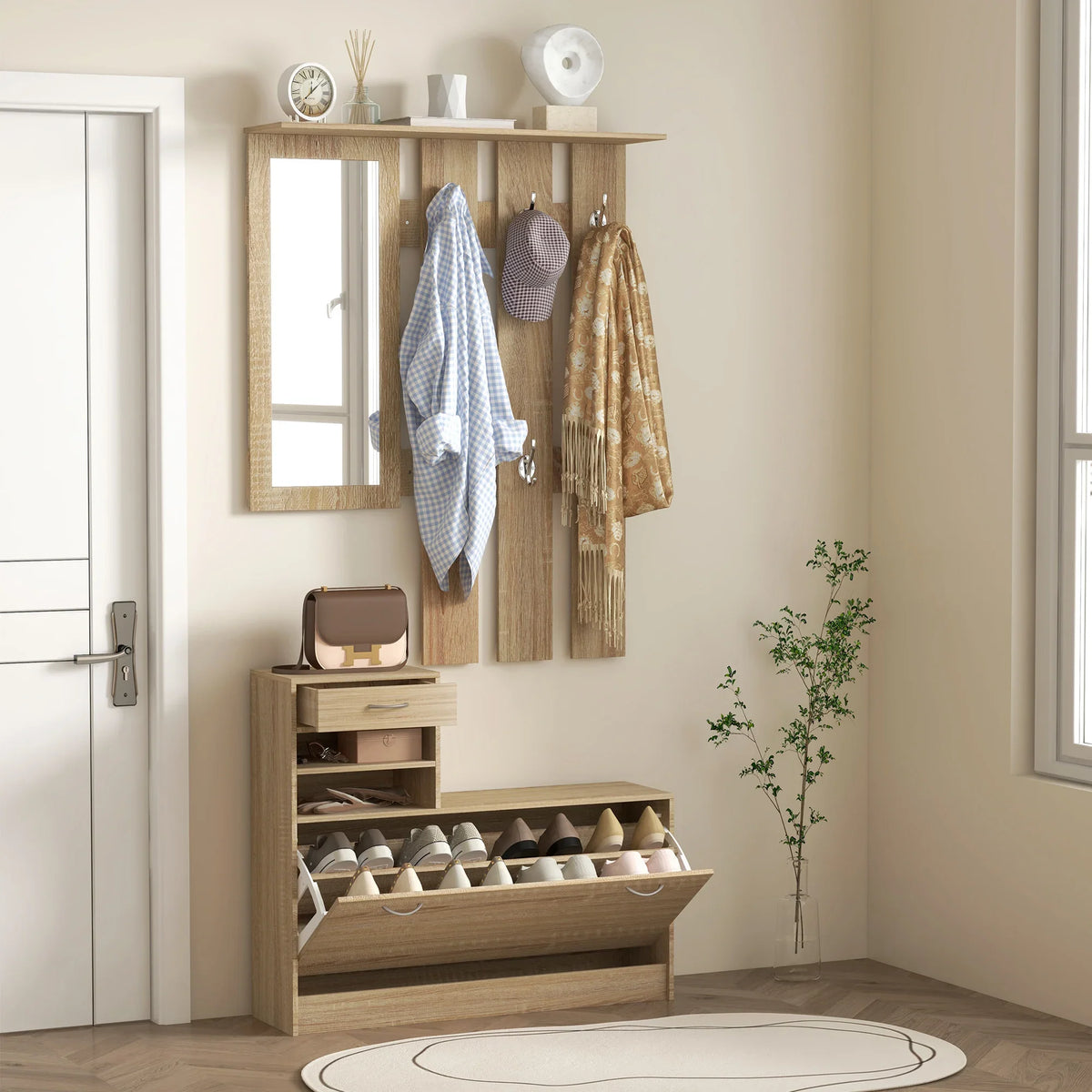 Meuble d'Entrée Bois Miroir et Panneau à Crochets, vue 3 sur 4