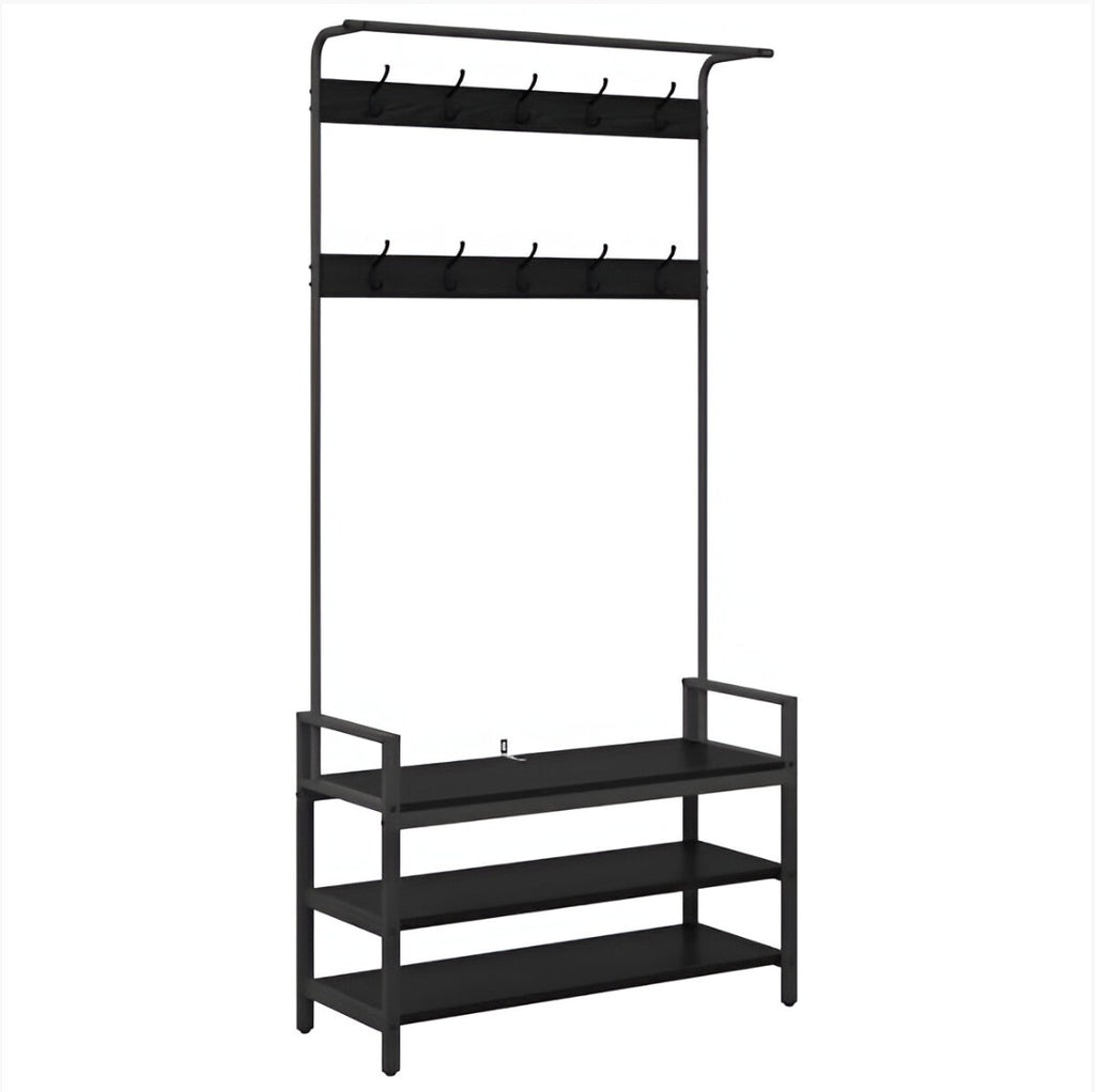 Meuble d'Entrée Noir Acier Penderie Crochets et Banc, vue 2 sur 8