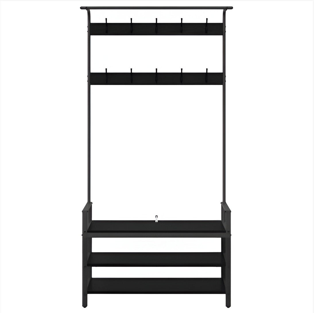 Meuble d'Entrée Noir Acier Penderie Crochets et Banc, vue 3 sur 8