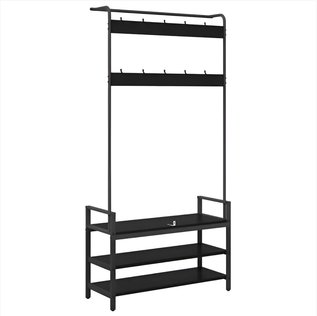 Meuble d'Entrée Noir Acier Penderie Crochets et Banc, vue 4 sur 8