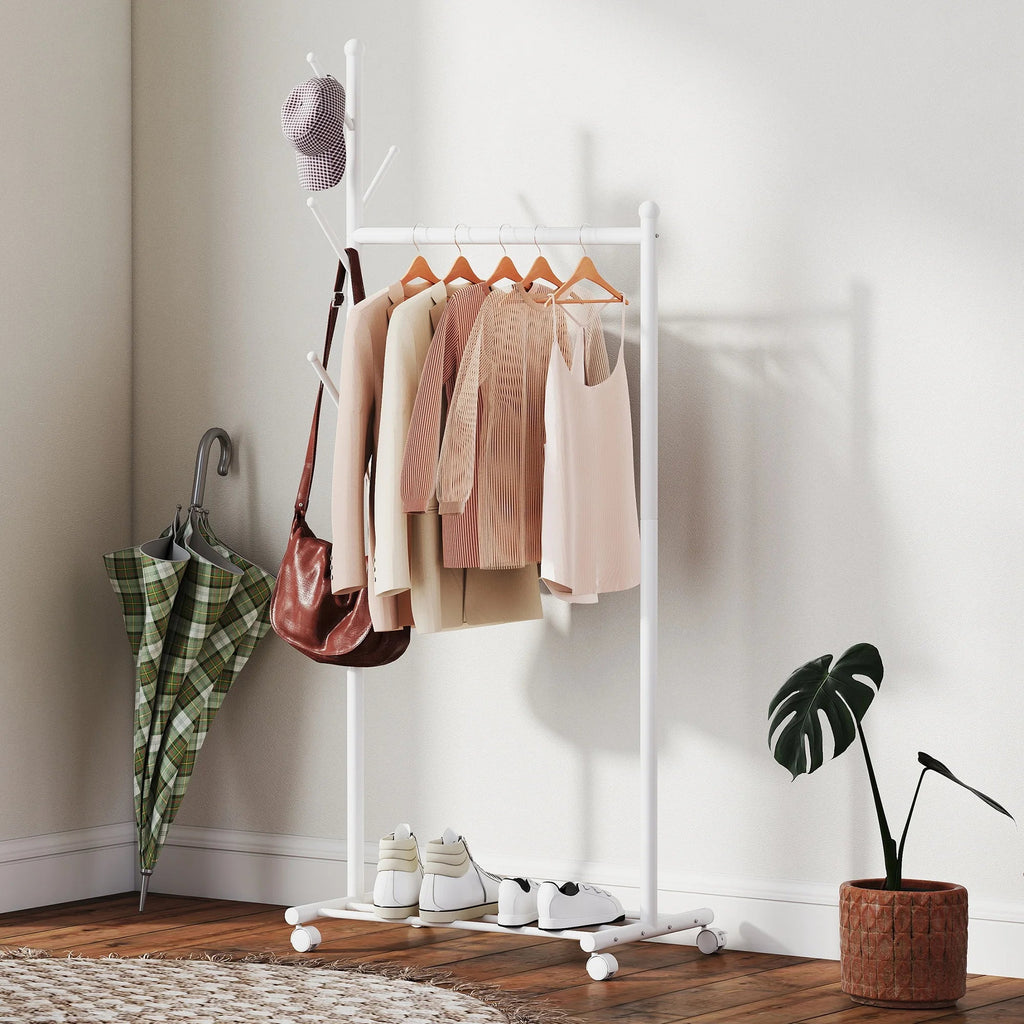 Portant à Vêtements Blanc Tringle Crochets Roulettes, vue 1 sur 5
