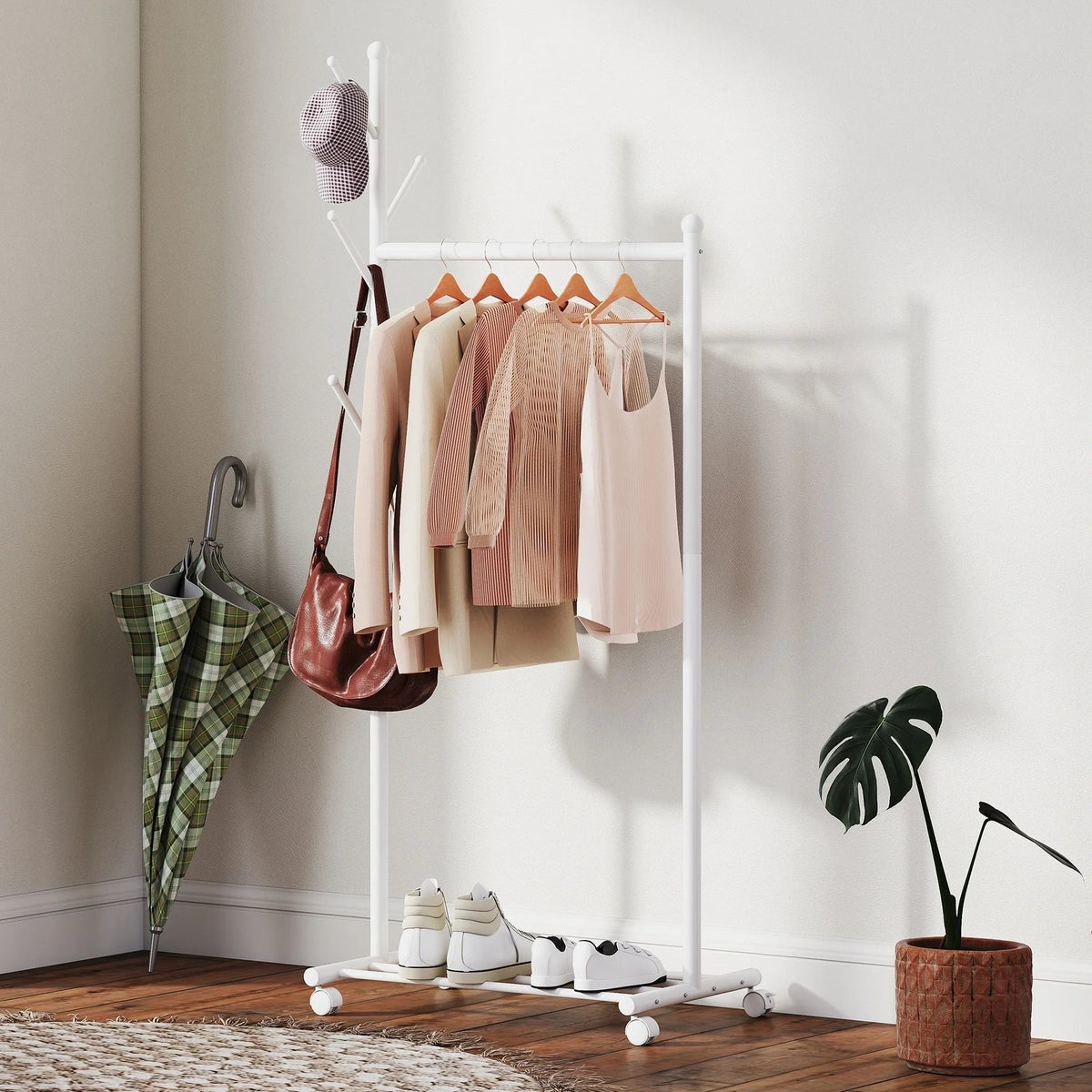 Portant à Vêtements Blanc Tringle Crochets Roulettes, vue 1 sur 5