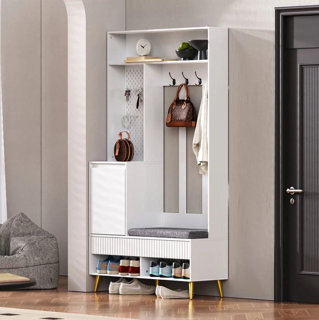 Porte-Manteau Blanc Banc Tiroirs, vue 3 sur 7