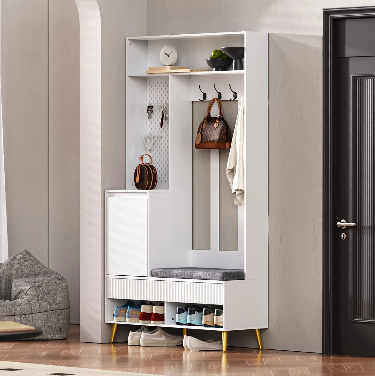 Porte-Manteau Blanc Banc Tiroirs, vue 3 sur 7