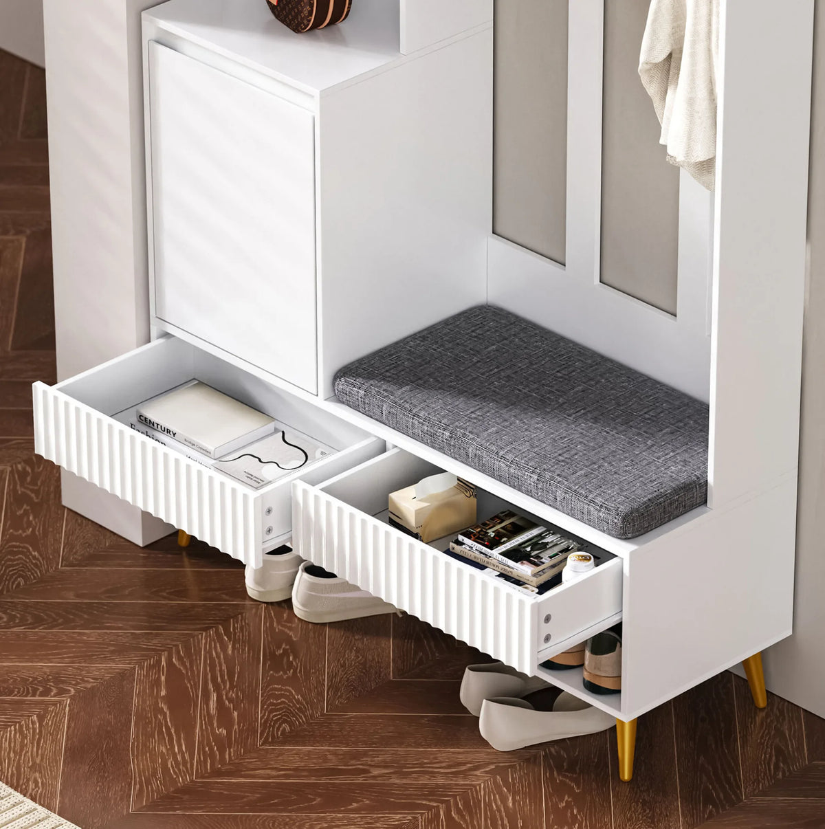 Porte-Manteau Blanc Banc Tiroirs, vue 4 sur 7