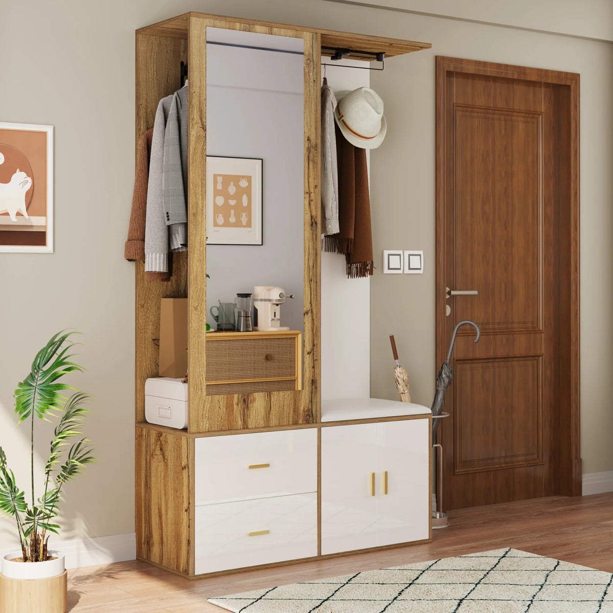 Porte-Manteau Blanc Miroir Banc, vue 2 sur 7