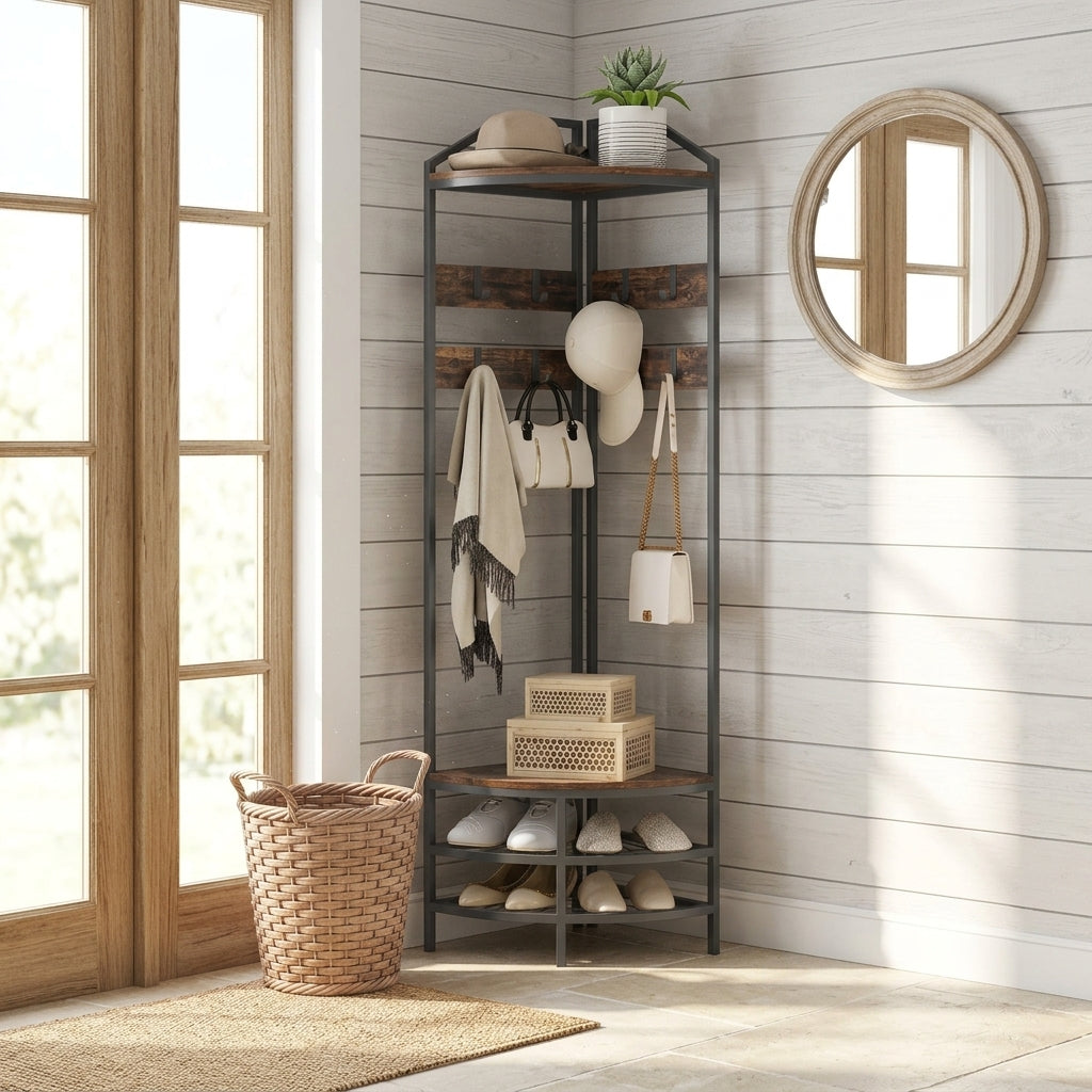 Porte-Manteau Brun Bois Angle Rustique, vue 1 sur 5