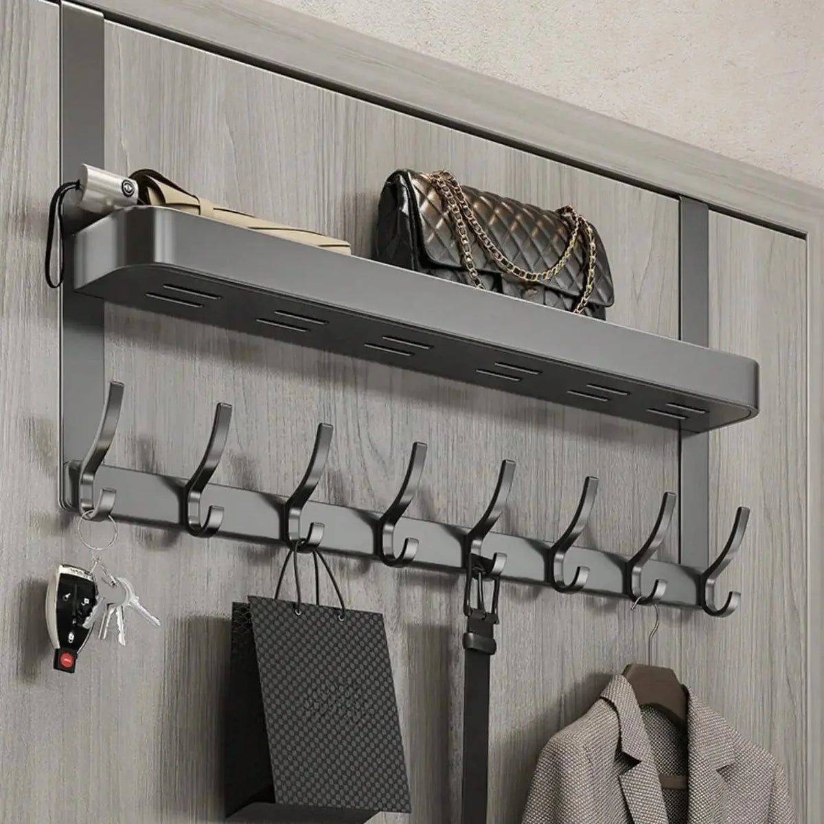 Porte-Manteau de Porte Métal Tablette et Crochets Doubles, vue 3 sur 4