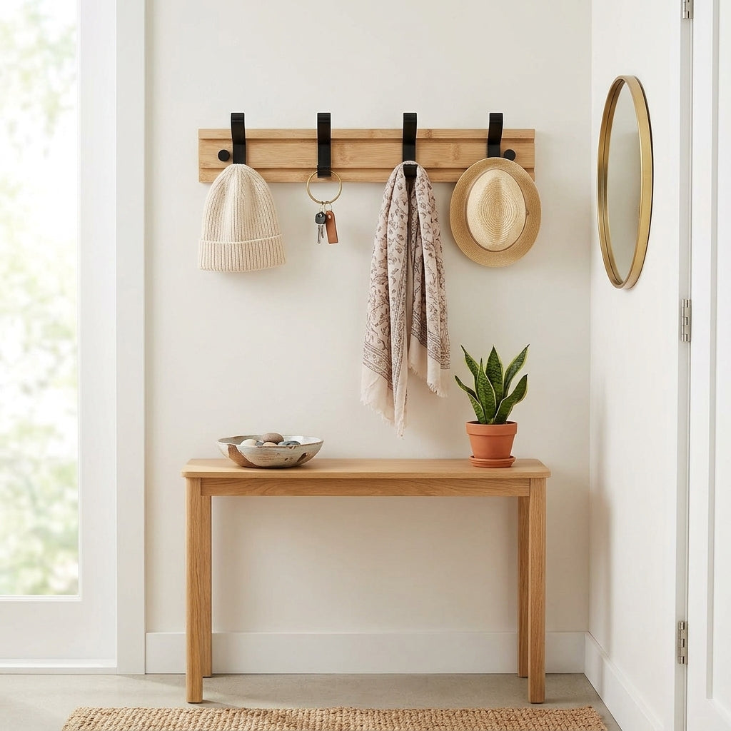 Porte-Manteau Mural Beige Bois Crochets, vue 1 sur 4