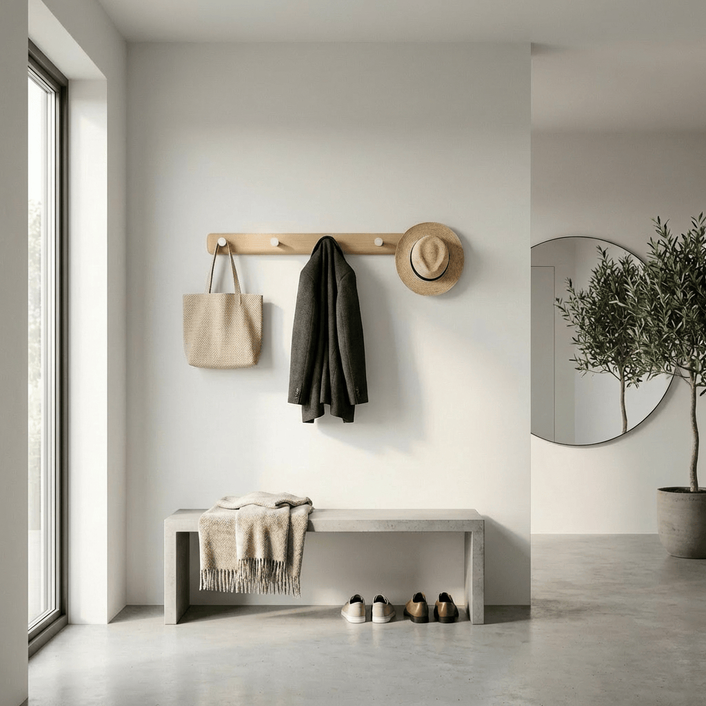 Porte-Manteau Mural Blanc Bois Barre Patères Rondes, vue 1 sur 4