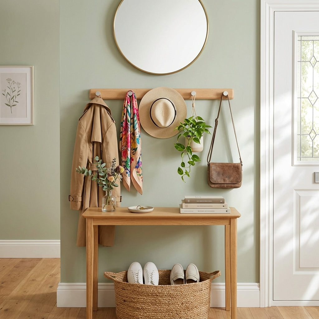 Porte-Manteau Mural Blanc Bois Barre Patères Rondes, vue 2 sur 4