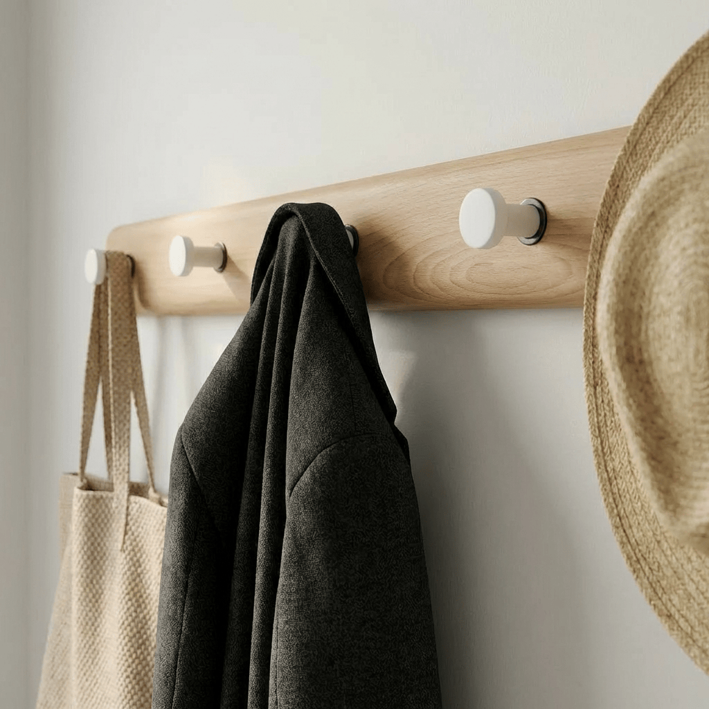 Porte-Manteau Mural Blanc Bois Barre Patères Rondes, vue 3 sur 4