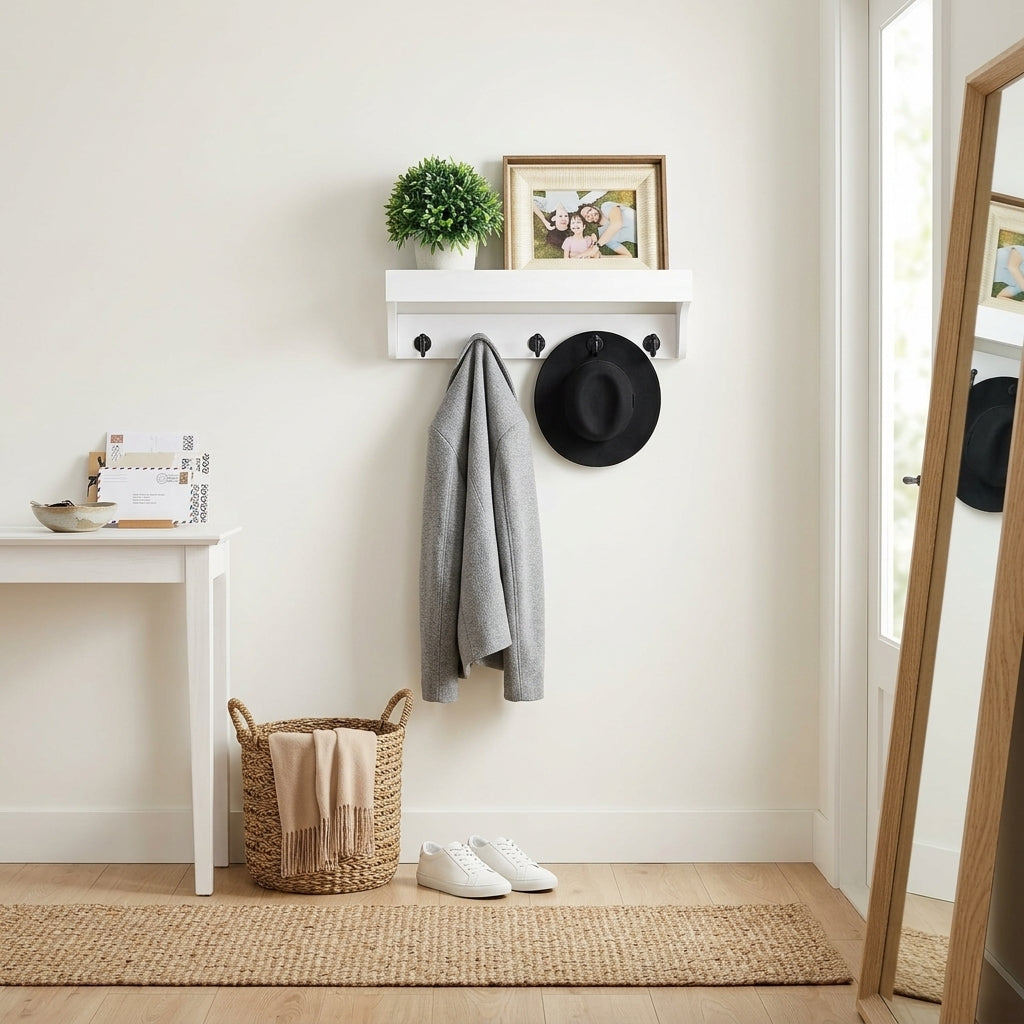 Porte-Manteau Mural Blanc Bois Tablette Patères Alignées, vue 1 sur 4