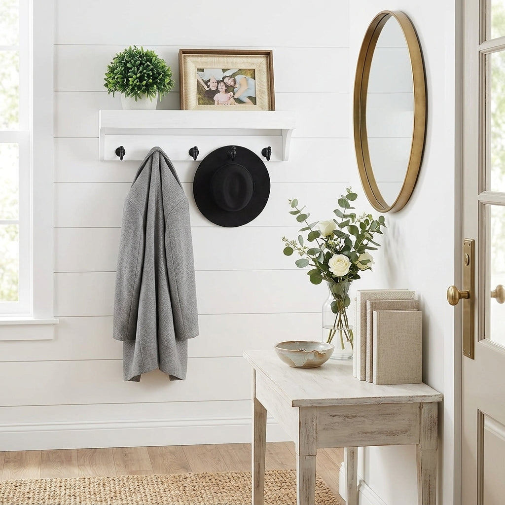 Porte-Manteau Mural Blanc Bois Tablette Patères Alignées, vue 2 sur 4