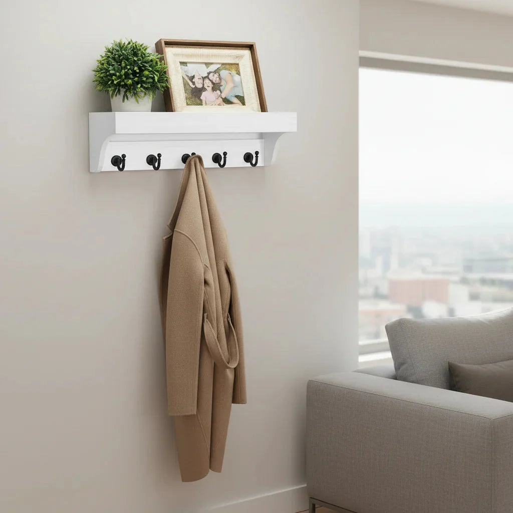 Porte-Manteau Mural Blanc Bois Tablette Patères Alignées, vue 3 sur 4